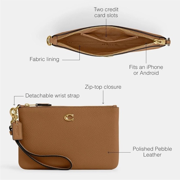 Coach Essential Small Polished Pebbled Leather Wristlet Honey Brown CH818 - Picture 3 of 4